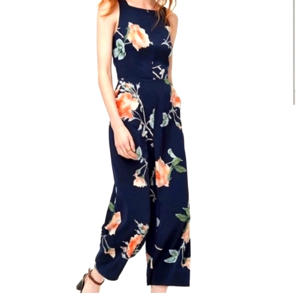 Wilfred Aritzia Sz 10 Ecoulement Floral Navy Romper Jumpsuit Zip BackTie Pocket - Picture 1 of 13